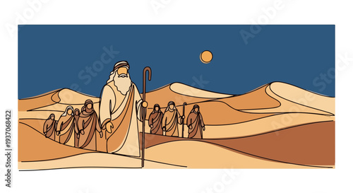 Scene from the Bible depicting Moses leading people through the desert, with sandy landscapes and a bright sun in the sky.