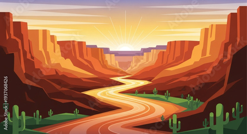 Stylized Digital Illustration of Grand Canyon Landscape with River.