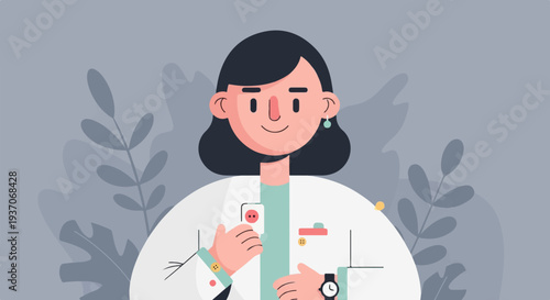 Cheerful doctor in a lab coat, adorned with earrings, standing against a backdrop of leaves
