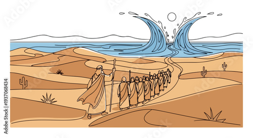 Scene from the Bible with Moses parting the Red Sea in desert landscape. Moses leads group of followers through desert towards water, symbolizing freedom and faith.