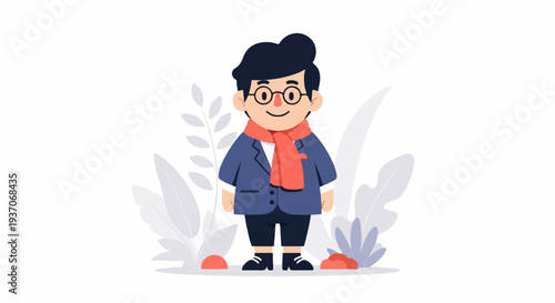 Stylized cartoon of a man in a blue suit, orange scarf, and glasses, with plants