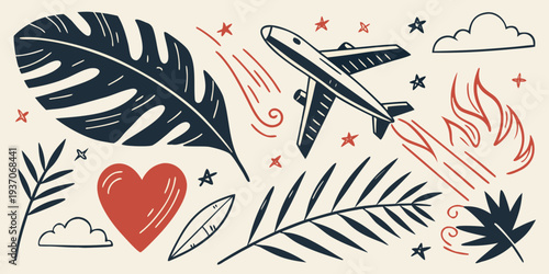 Collection of Hand Drawn Icons with Night Stars, Tropical Leaves ,Grunge Brush Stroke, Arrows Set, Red Heart , Shadow Effect, Clouds Flying and Fire Flames Background .vector icon