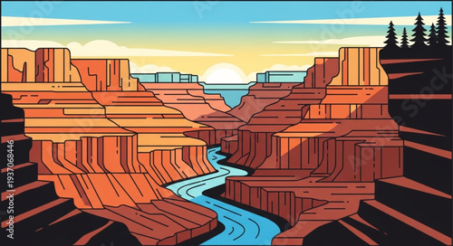 Stylized Illustration of Grand Canyon with River and Sunset.