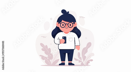 A girl with glasses smiles as she holds a phone, surrounded by abstract shapes and leaves