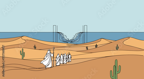 Scene from the Bible depicting Moses leading people through desert with parted waters in background. Old Testament story illustrates journey and faith, emphasizing Moses as a leader.