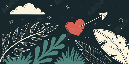 Collection of Hand Drawn Icons with Night Stars, Tropical Leaves ,Grunge Brush Stroke, Arrows Set, Red Heart , Shadow Effect, Clouds Flying and Fire Flames Background .vector icon