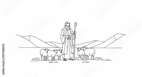 Scene from the Bible with Moses and sheep in pastoral setting, featuring mountains in background and shepherd’s staff.