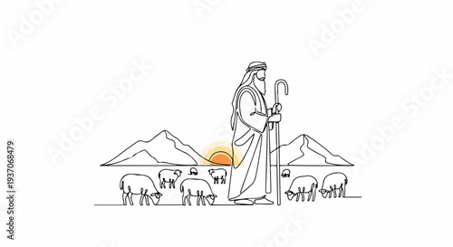 Scene from the Bible with Moses guiding sheep through mountains at sunset. Old Testament depiction highlights pastoral life with Moses overseeing flock,