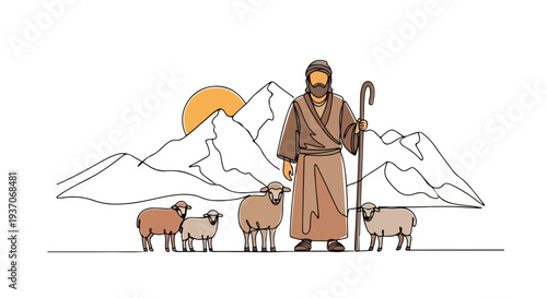 Scene from the Bible showing Moses with sheep in mountains at sunset. Old Testament depiction captures Moses as shepherd standing with flock under sunlit peaks.