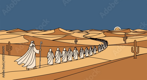 Scene from the Bible with Moses leading people through desert landscape, vast sandy dunes and cacti in background, illustration depicts Old Testament story of exodus with faithful followers.