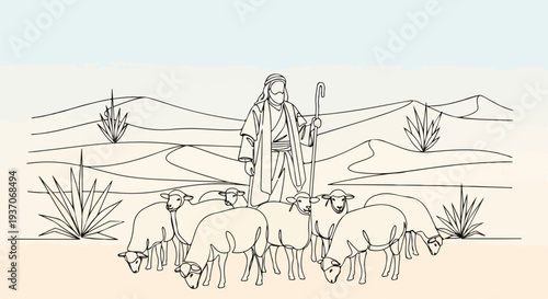 Scene from the Bible with Moses tending sheep in the Old Testament, shepherd guiding flock of sheep in desert landscape, classic representation of faith and leadership in biblical stories.
