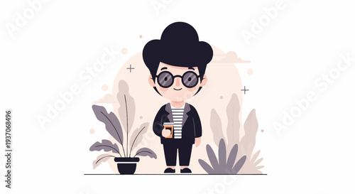 A cartoon person with big hair and glasses holds a drink