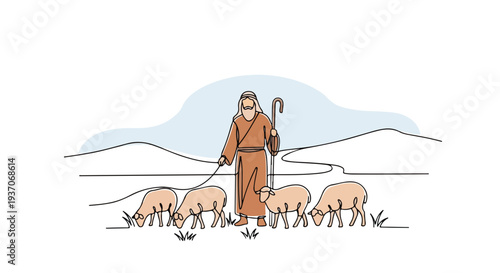 Scene from the Bible with Moses leading sheep in Old Testament landscape. Moses holds shepherd's staff while guiding flock of sheep through grassy field during tranquil day.