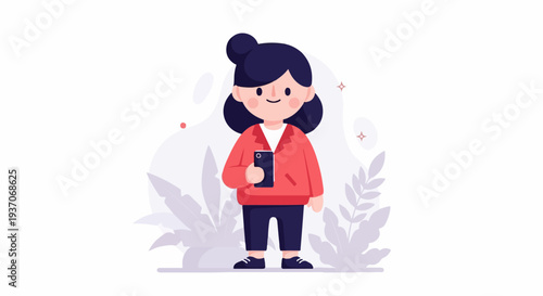 A young person with dark hair styled in a bun holds a phone, wearing a red jacket and blue pants, surrounded by plants