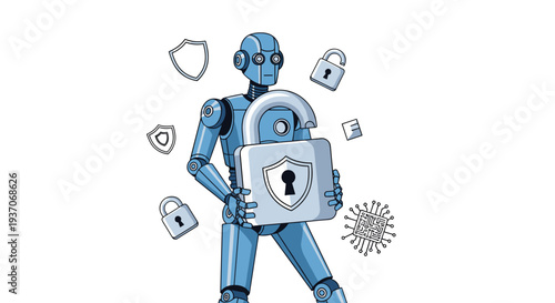 A blue humanoid robot holds an open silver padlock with security icons floating around it.