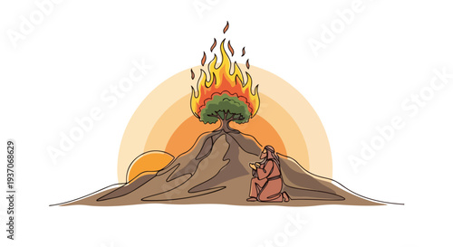 Scene from the Bible depicting Moses at burning bush on mountain surrounded by vivid flames and sunrise. Biblical imagery showcases sacred moment of revelation,