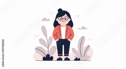 Cheerful person with glasses and hair bun, wearing a jacket, amidst stylized plants and clouds