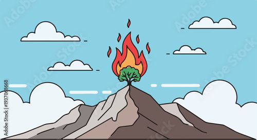 Fiery tree on mountain with flames and smoke against a clear blue sky. Mountain scenery includes rocky terrain, vibrant green tree, and swirling clouds in the background.