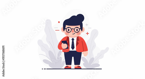 Stylized person with glasses, red jacket, and phone, amid plant-like shapes