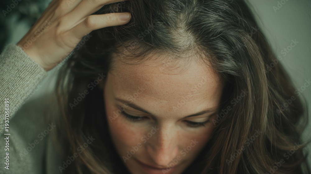 Naklejka premium 女性の頭皮を気にする様子。薄毛や頭皮ケアのイメージ素材。