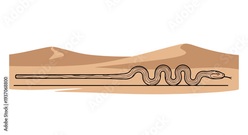 Snake slithering on desert terrain with sandy hills in background. Desert scene showcases snake moving gracefully through arid environment. Concept snake in desert habitat for nature illustrations.