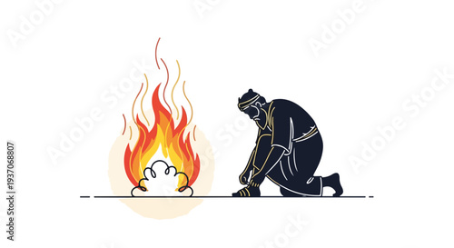 Scene from the Bible depicting Moses kneeling by fire preparing for journey. Old Testament imagery includes flames and ancient figure illustrating Moses' divine interaction with God.