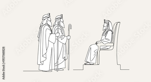 Scene from the Bible depicting Moses with elders in Old Testament story. Illustrative depiction of biblical characters includes prominent figures meeting with authority figure.
