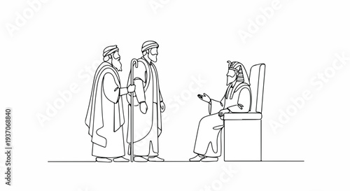 Scene from the Bible with Moses speaking before Pharaoh in the Old Testament. Moses and Aaron approach Pharaoh in royal attire, presenting their message. Concept biblical stories and teachings.