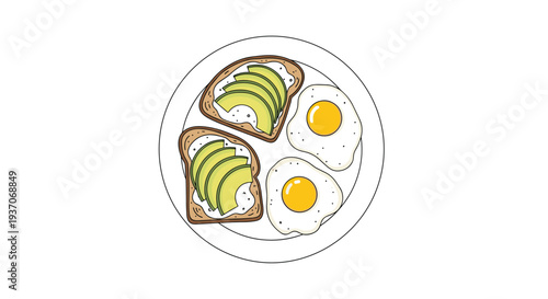 A white circular plate holds two avocado toasts and two fried eggs on a plain white surface.