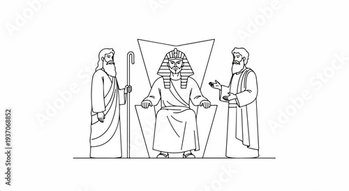 Scene from the Bible with Moses speaking to Pharaoh in Old Testament setting. Old Testament representation includes figures of Moses and Pharaoh amid a dramatic backdrop.