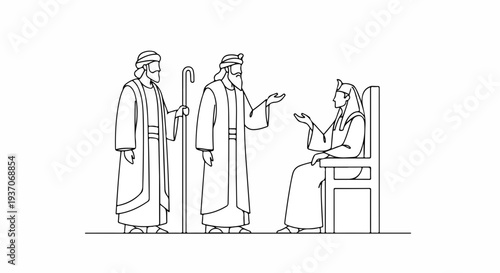 Scene from the Bible with Moses and Pharaoh discussing commandments. Old Testament narrative includes significant characters engaging in dialogue.
