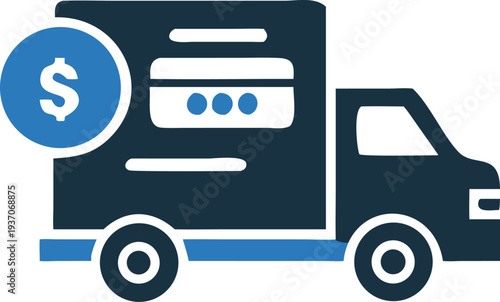 A dark blue delivery truck has a dollar coin beside it on the left