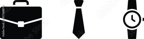 Set of professional business accessory icons including briefcase necktie and wristwatch silhouettes isolated on white background for corporate office and career design