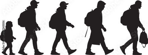 Silhouetted figures of people walking with backpacks and bags in a line, viewed from the side, against a plain background