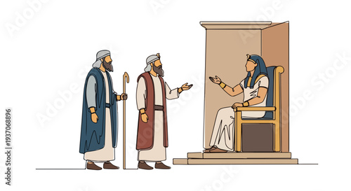 Scene from the Bible with Moses speaking to Pharaoh in ancient Egypt. Old Testament depiction includes historical figures discussing freedom of the Israelites.