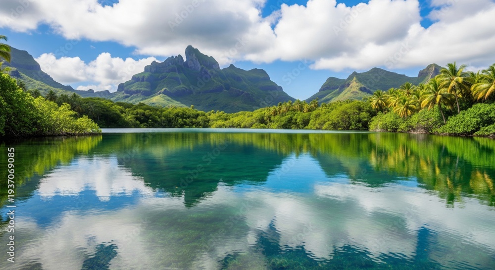 Fototapeta premium Lush Tropical Island Landscape with Reflective Turquoise Waters