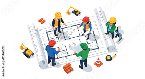 Six construction workers discuss a house blueprint with excavators and bricks scattered around them.
