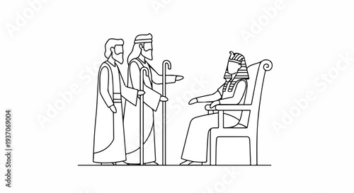 Scene from the Bible with Moses confronting Pharaoh in the Old Testament narrative. Illustration depicts Moses and Aaron standing before Pharaoh on royal throne.