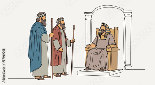 Scene from the Bible with Moses in old testament featuring two men standing before ruler. Biblical narrative showcases interaction and authority within ancient context,