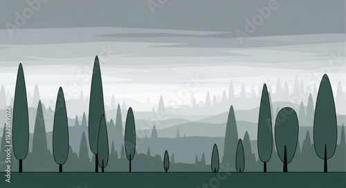 Serene Landscape with Tall Cypress Trees and Misty Background.