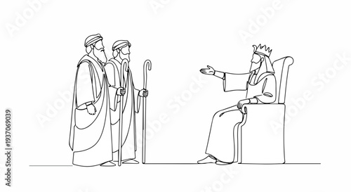 Scene from the Bible depicting Old Testament figures Moses communicating with royalty in a royal chamber. Moses stands confidently while addressing king seated on throne,