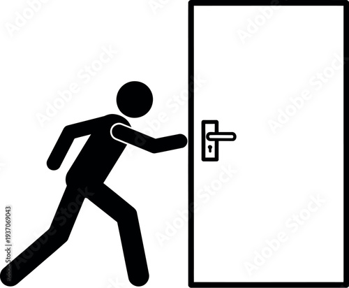 Black silhouette of a person running towards an open door isolated on white background