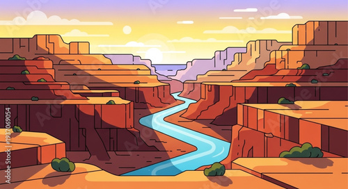 Stylized Digital Illustration of Grand Canyon with River.