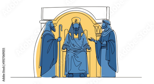 Scene from the Bible featuring Moses in Old Testament with throne and two figures presenting. Scene from the Bible highlights Moses' authority as leader with detailed depiction of religious context.