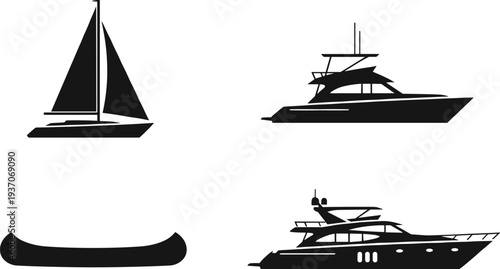 Vector set of black boat silhouettes including luxury yacht sailboat speed boat and canoe isolated on white background for marine design