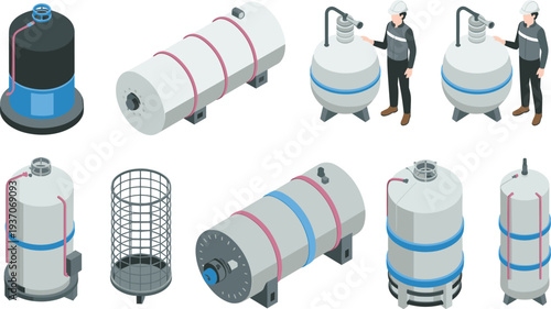 Isometric industrial pressure tanks and reactors vector illustration with chemical processing equipment and engineer operating manufacturing system