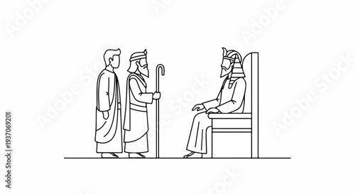Scene from the Bible depicting Moses before Pharaoh in Old Testament narrative. Moses stands with staff, while Pharaoh on throne observes. Conceptual representation of biblical stories and teachings.