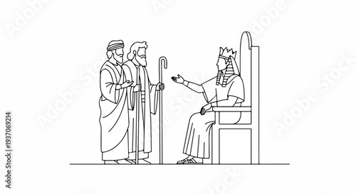 Scene from the Bible featuring Moses speaking with king, Old Testament illustration depicting judgment moment. Scene includes figures in robes, staff in hand, discussing important matter.