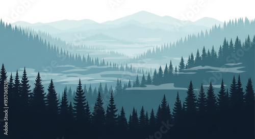 Serene Forest Landscape with Multiple Layers of Trees and Mist.