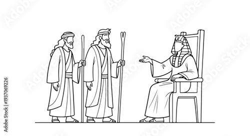 Scene from the Bible depicting Moses speaking to someone of authority while two individuals stand nearby. Old Testament moment captures wisdom and leadership.